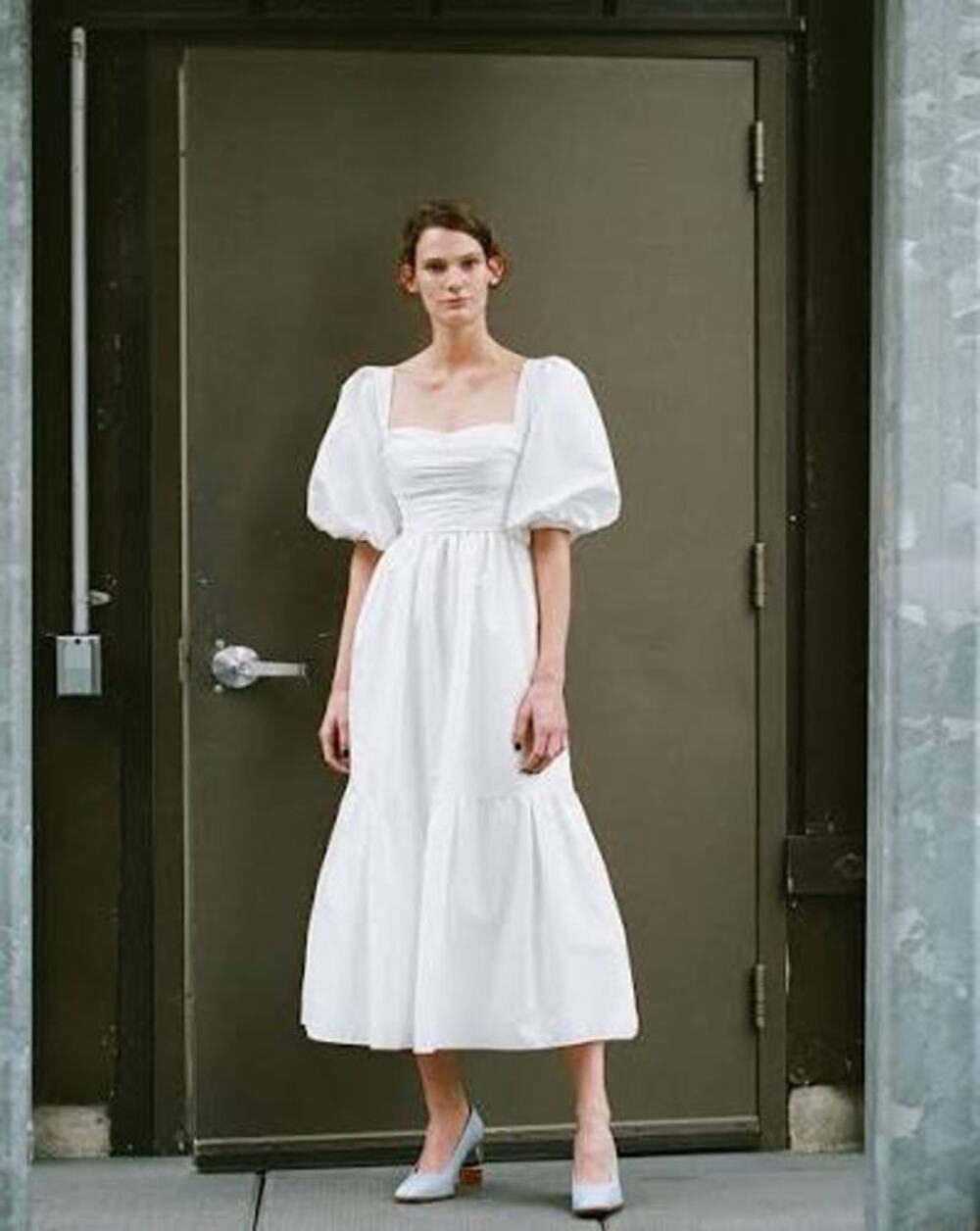 Self Portrait Taffeta Puff Sleeve Midi Dress White Ruched Belted US 4